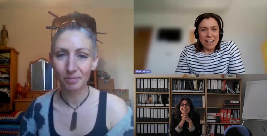 Three women are on a video chat in their own screens.